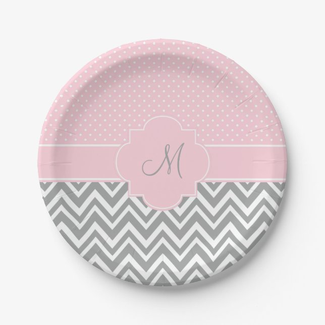 Monogramm Grau Zickzack mit Pastellrosa Polka Dot Pappteller (Vorderseite)