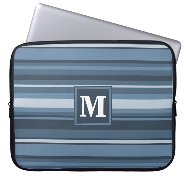 Monogramm graublaue Streifen Laptopschutzhülle (Vorderseite)