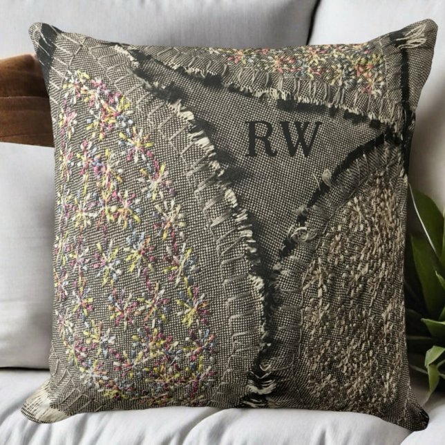 Monogramm graue bedruckte Leinen aussehen floraler Kissen (Von Creator hochgeladen)