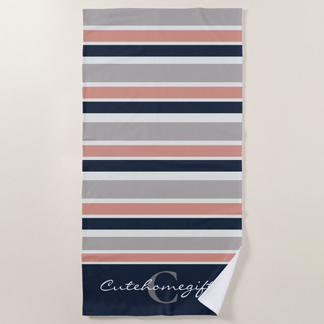 Monogramm graue blaurosa Streifen Strandtuch (Vorderseite)