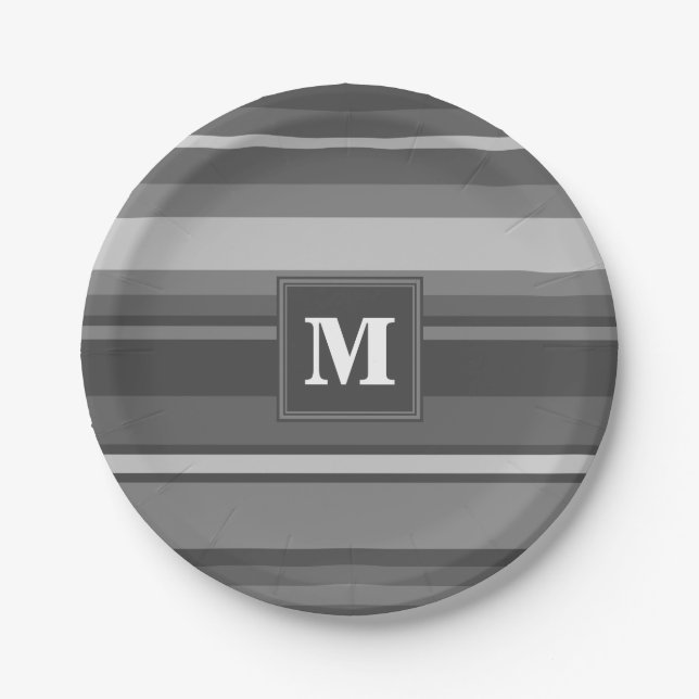 Monogramm graue Streifen Pappteller (Vorderseite)