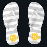 Monogramm graue und gelbe Preppy-Streifen Flip Flops<br><div class="desc">Maßgeschneiderte,  bedruckte Flop-Sandalen mit einem preppy-nautical-Stripe-Muster und einem eigenen Monogramm oder einem anderen Text in einem Circle-Rahmen. Klicken Sie auf Anpassen,  um Schriftart und Farben zu ändern oder eigene Bilder hinzuzufügen,  um ein einzigartiges Design zu erstellen!</div>
