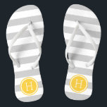 Monogramm graue und gelbe Preppy-Streifen Flip Flops<br><div class="desc">Maßgeschneiderte,  bedruckte Flop-Sandalen mit einem preppy-nautical-Stripe-Muster und einem eigenen Monogramm oder einem anderen Text in einem Circle-Rahmen. Klicken Sie auf Anpassen,  um Schriftart und Farben zu ändern oder eigene Bilder hinzuzufügen,  um ein einzigartiges Design zu erstellen!</div>