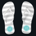 Monogramm graue und türkisfarbene Preppy-Streifen Flip Flops<br><div class="desc">Maßgeschneiderte,  bedruckte Flop-Sandalen mit einem preppy-nautical-Stripe-Muster und einem eigenen Monogramm oder einem anderen Text in einem Circle-Rahmen. Klicken Sie auf Anpassen,  um Schriftart und Farben zu ändern oder eigene Bilder hinzuzufügen,  um ein einzigartiges Design zu erstellen!</div>