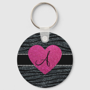 Monogramm grauer Glitzer Zebra Streifen rosa Herz Schlüsselanhänger