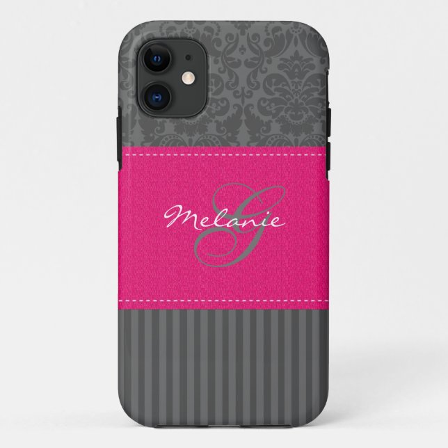 Monogramm-grauer rosa Damast-Streifen iPhone 5 Case-Mate iPhone Hülle (Rückseite)
