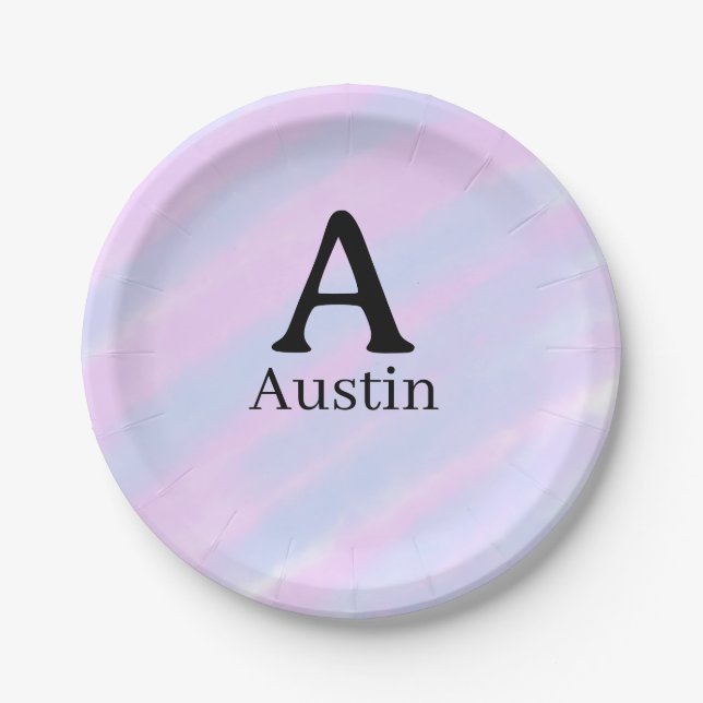 Monogramm Großbuchstabe männlich Name lila Pastell Pappteller (Vorderseite)