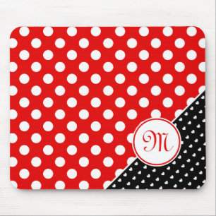 Monogramm, große Polka-Punkte, rot, schwarz und w Mousepad