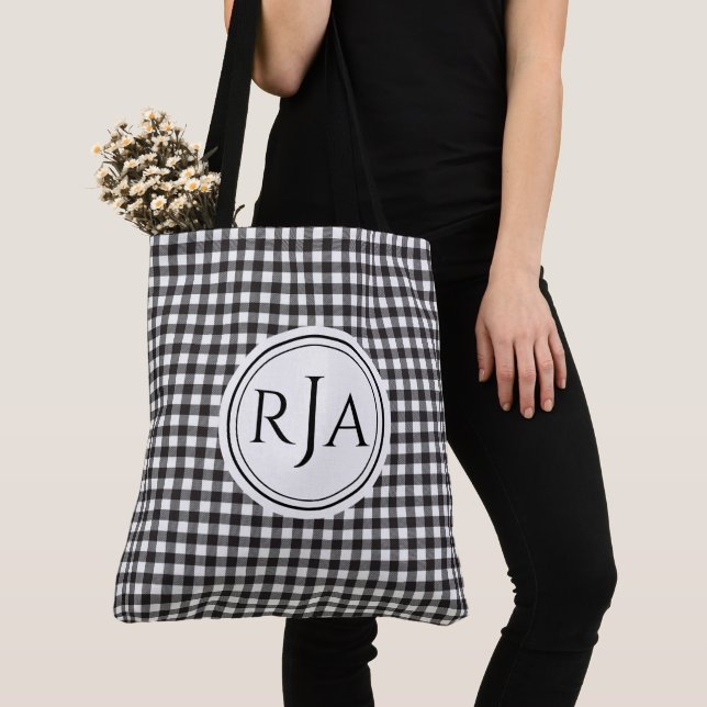 Monogramm, großes Schwarz-Weiß-Büffel-Karo 18" Tasche (Von Nahem)