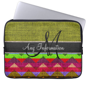 Monogramm Grün Chevron Zickzack Jute-Burlap Laptopschutzhülle