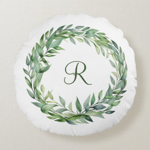Monogramm Grün Eukalyptus-Kranz Grünzeug Blätter Rundes Kissen