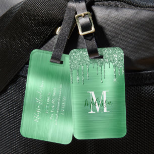 Monogramm Grün Glitter Gebürstetes Metall  Gepäckanhänger