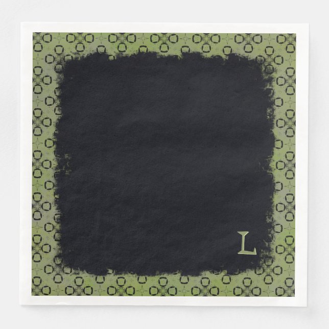 Monogramm, grün und schwarz, Retro-Muster Serviette (Vorderseite)