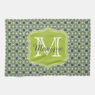 Monogramm Grüne Blumen Muster Geschirrtuch