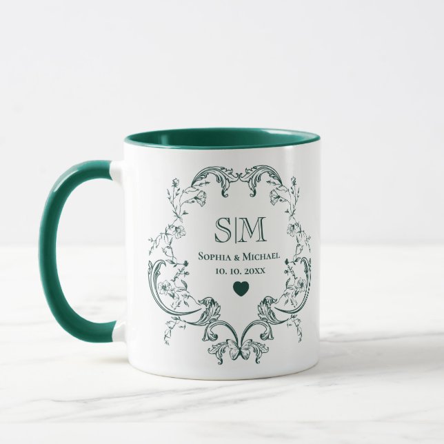 Monogramm Grüner Blumenkranz Hochzeit Tasse (Links)