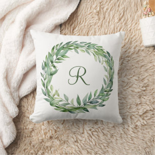 Monogramm-Grüner-Eukalyptus-Kranz Grünzeug Blätter Kissen