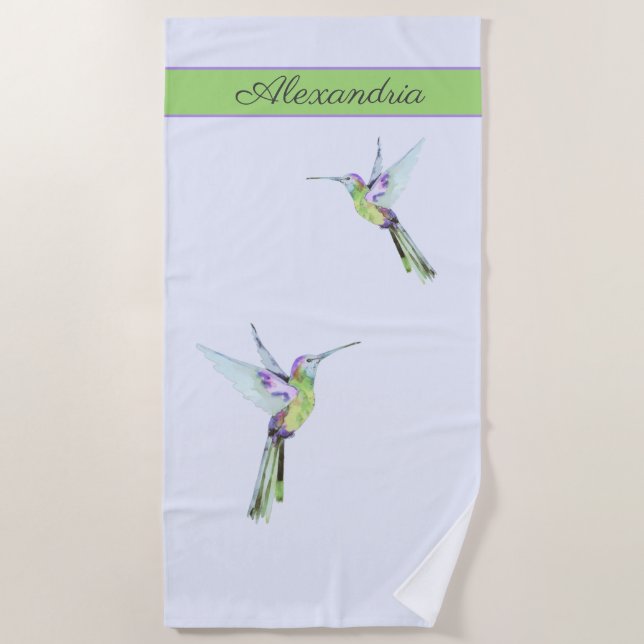 Monogramm grünes Hummingvogelhandtuch Strandtuch (Vorderseite)