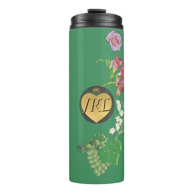 Monogramm Grünes Obst und Blüten Thermosbecher (Vorderseite)