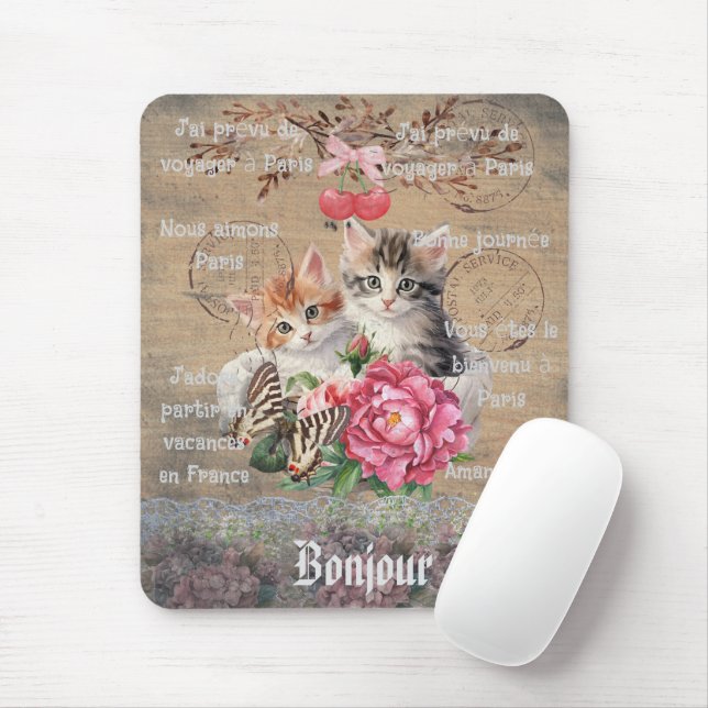 Monogramm Grunge Holz Süße Katzen Chic floral Fran Mousepad (Mit Mouse)