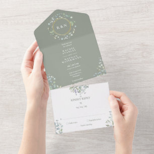 Monogramm Grünzeug Floral Hellgrün Hochzeit All In One Einladung