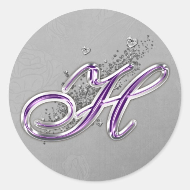Monogramm-H-Aufkleber für lila Glitzer Runder Aufkleber (Vorderseite)