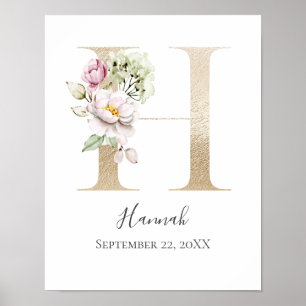 Monogramm H Rosa Weiß Blumen Gold Buchstabe Kinder Poster