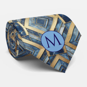 Monogramm-Halstuch aus falscher Seide   Blau + Gol Krawatte