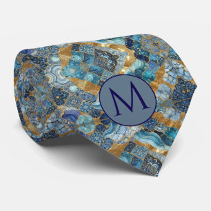 Monogramm-Halstuch aus Faux-Seide Blau + Goldmar Krawatte
