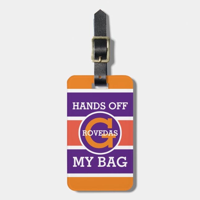 Monogramm Hände aus meinem Beutel Orange Weiß Lila Gepäckanhänger (Vorderseite vertikal)