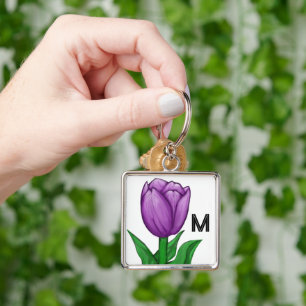 Monogramm handgemalte violette Tulpe Schlüsselanhänger