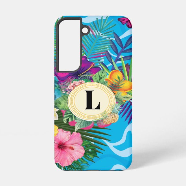 Monogramm hawaiianische tropische Blume und Schmet Samsung Galaxy Hülle (Rückseite)