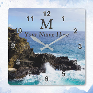 Monogramm-hawaiische Ozean-Uhr Ihr Name, Foto Quadratische Wanduhr
