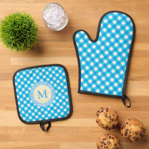 Monogramm hellblau kariert ofenhandschuh & Topflappen-Set