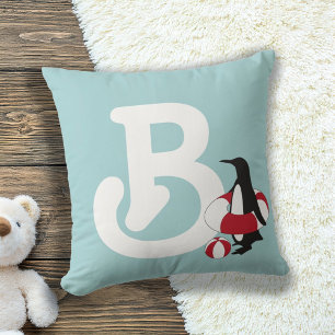 Monogramm Hellblau Süßer Pinguin Cartoon Kinder Kissen