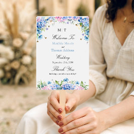Monogramm Hellblaue Hortensien-Hochzeitsprogramm Fächer