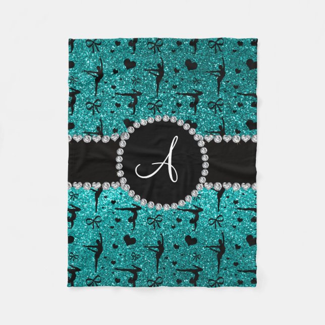 Monogramm helle Aqua-Glitzer-Turnherzen Fleecedecke (Vorderseite)