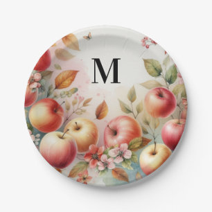 Monogramm Herbstäpfel in Pastellfarben Aquarell Pappteller