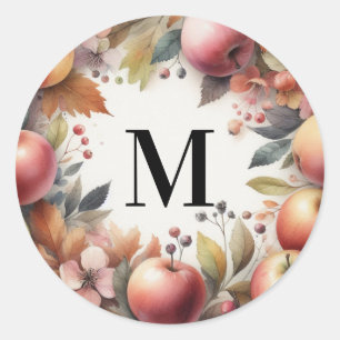 Monogramm Herbstäpfel in Pastellfarben Aquarell Runder Aufkleber