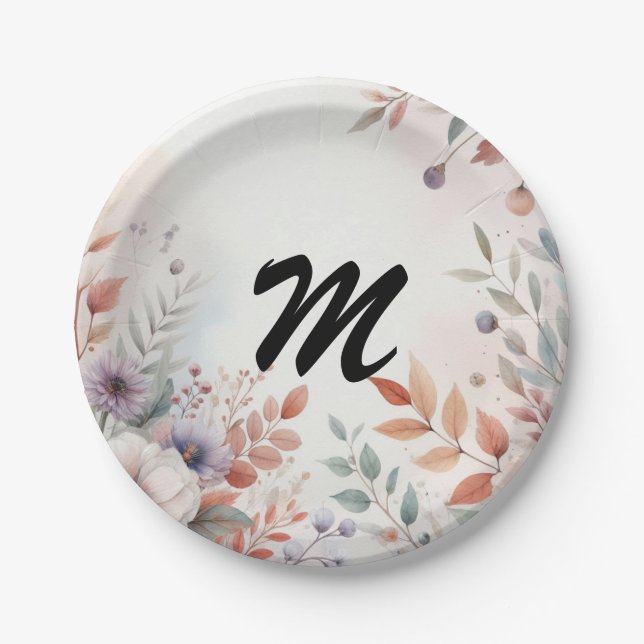 Monogramm Herbstblätter und Blumen Aquarell  Pappteller (Vorderseite)