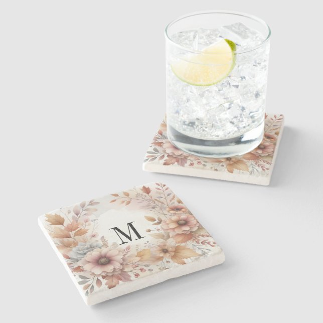 Monogramm Herbstblätter und Blumen Aquarell  Steinuntersetzer (Seitenansicht)