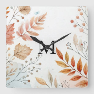 Monogramm Herbstblätter Wasserfarbe Pastellfarbe Quadratische Wanduhr