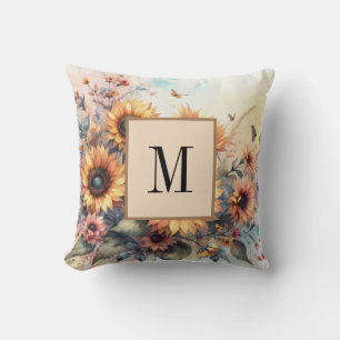 Monogramm Herbstblumen und Sonnenblumen Aquarell Kissen