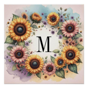Monogramm Herbstblumen und Sonnenblumen Aquarell Poster