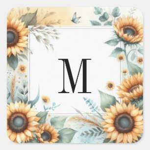 Monogramm Herbstblumen und Sonnenblumen Aquarell Quadratischer Aufkleber