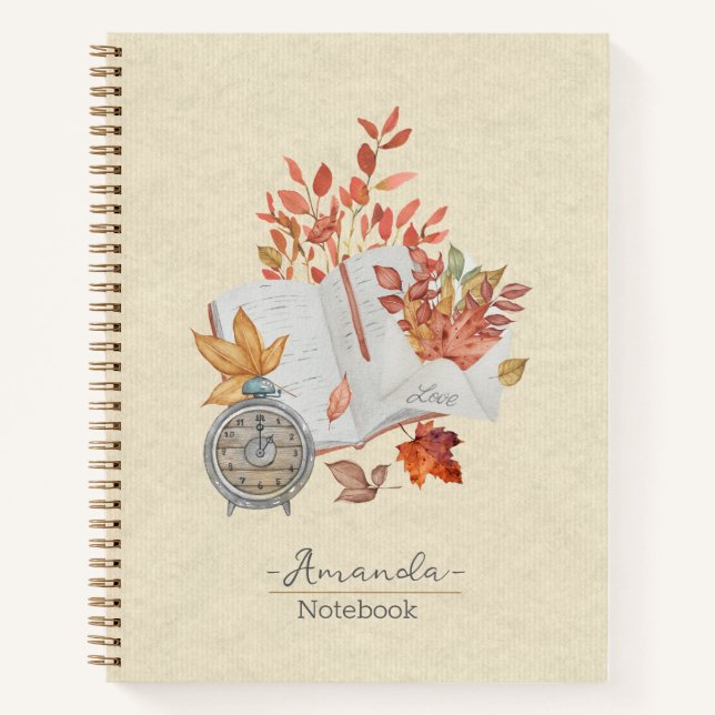 Monogramm Herbstlaub Natürliche Textur Orange Notizbuch (Vorderseite)