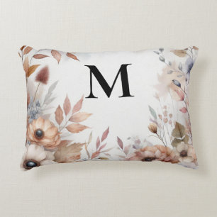 Monogramm Herbstlaub und Blume, Aquarell Dekokissen
