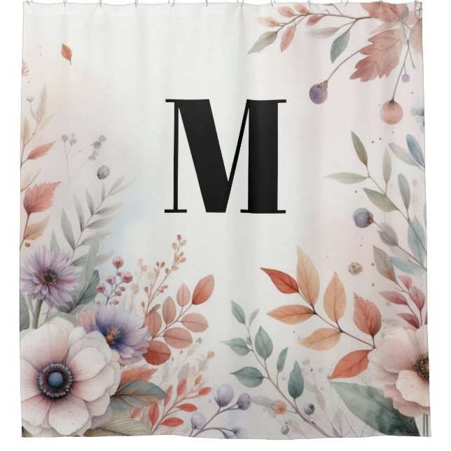 Monogramm Herbstlaub und Blume, Aquarell Duschvorhang (Vorderseite)