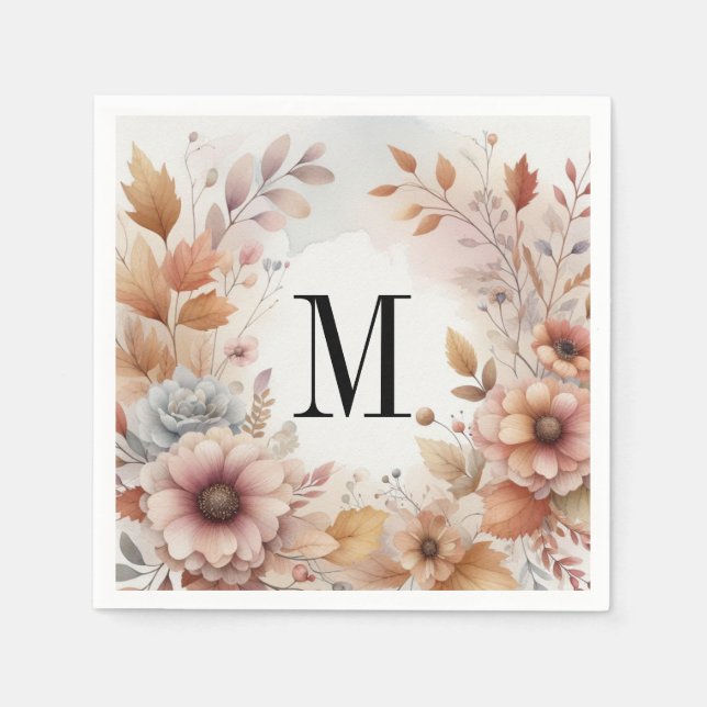 Monogramm Herbstlaub und Blume, Aquarell Serviette (Vorderseite)