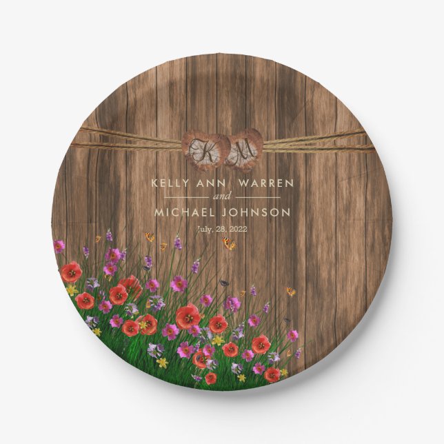 Monogramm Herz mit Frühlingssäule Wildblumen Pappteller (Vorderseite)