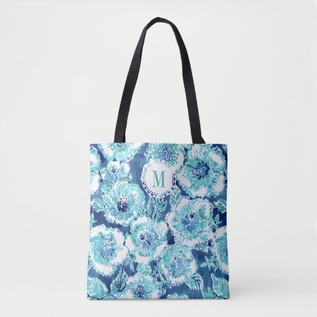 Monogramm HIBISKUS-PRÄMIE blauer tropischer Tasche (Vorderseite)